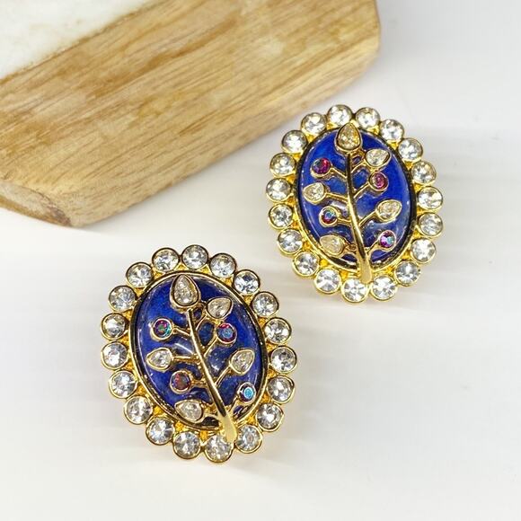 NEW Floral Rhinestone and Lapis Statement Earrings - Picture 3 of 16
